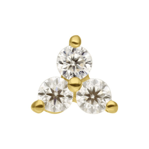 Attacco triangolare in oro 14K con tre pietre di moissanite chiare su sfondo bianco