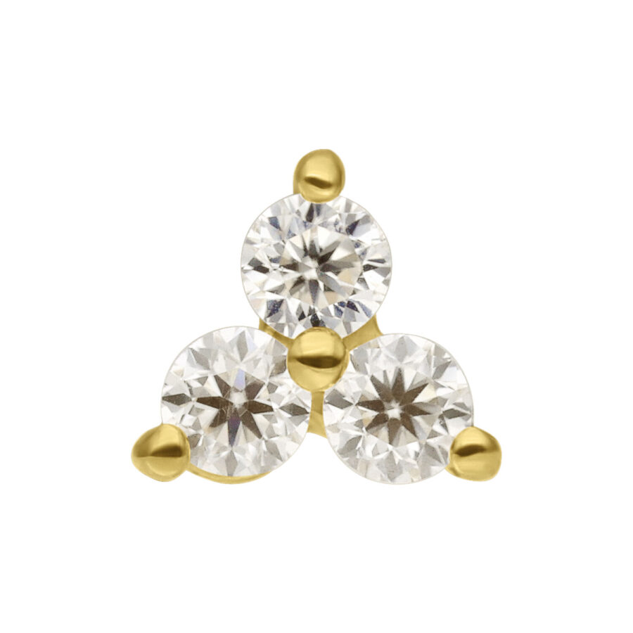 Attacco Trinity in 14K Gold con tre pietre di moissanite su sfondo bianco