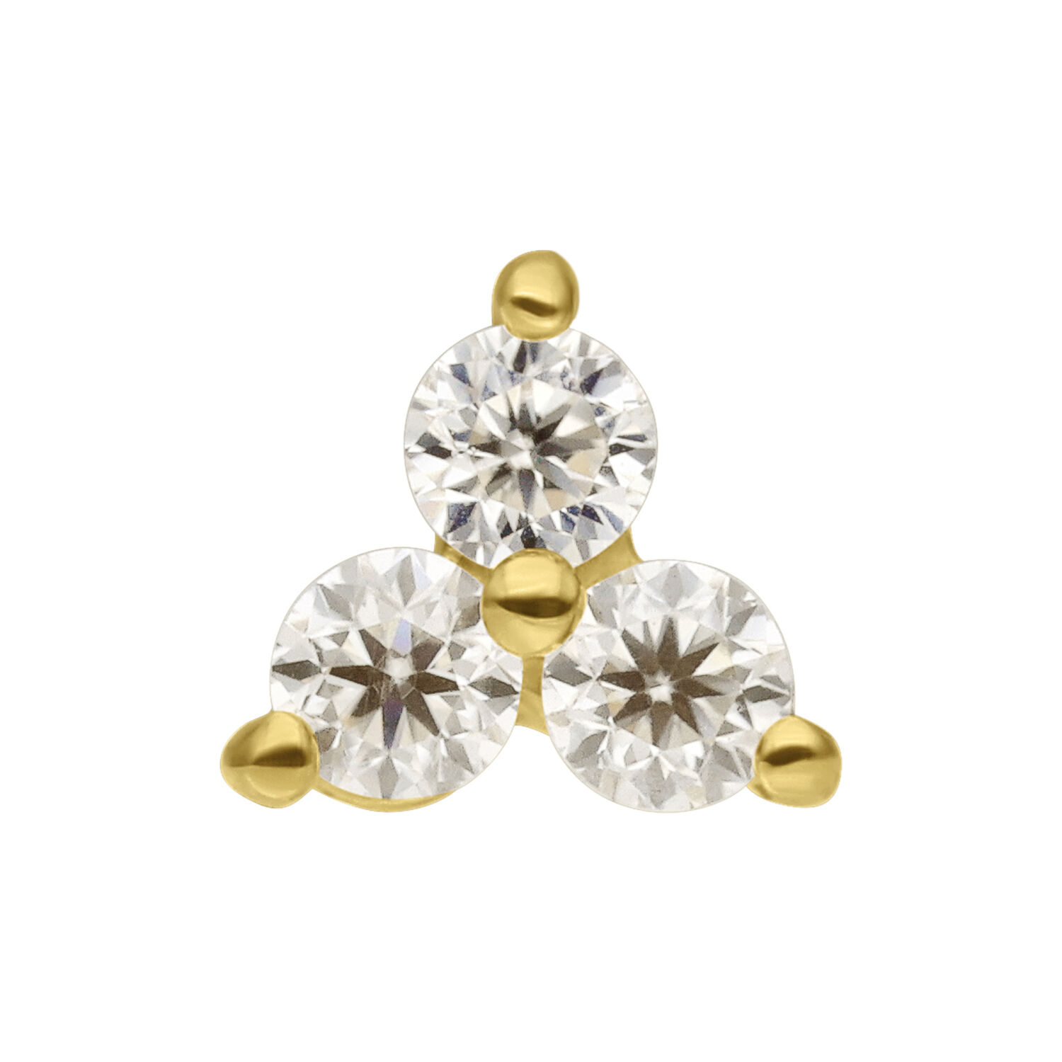 14K Gold Moissanite Push-Fit Attacco Attacco triangolare in oro 14K con tre pietre di moissanite chiare su sfondo bianco