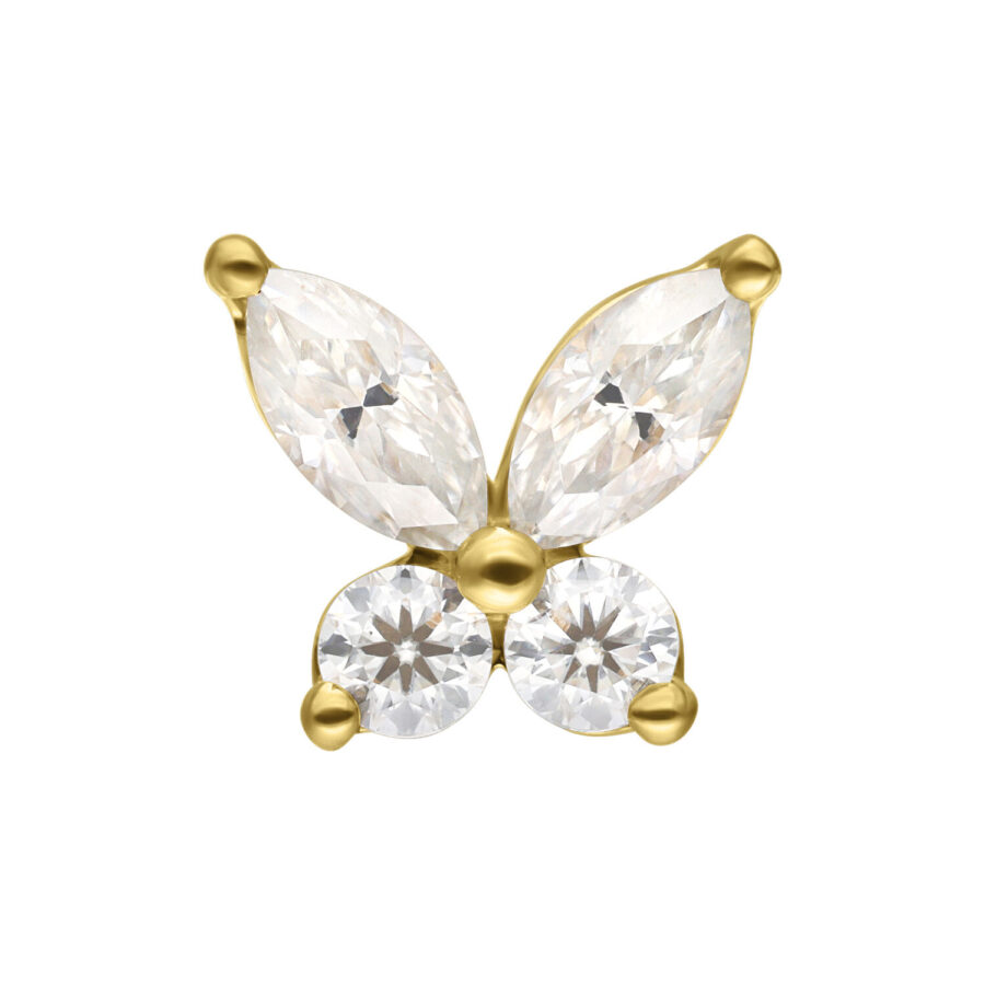 Aggiunta a farfalla d'oro 14K con scintillante moissanite su sfondo bianco