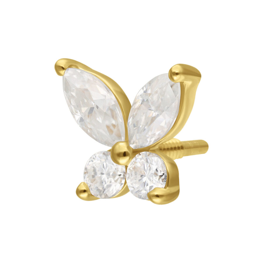 Goldener Schmetterlingsaufsatz mit glitzernden Moissanite-Steinen auf weißem Hintergrund