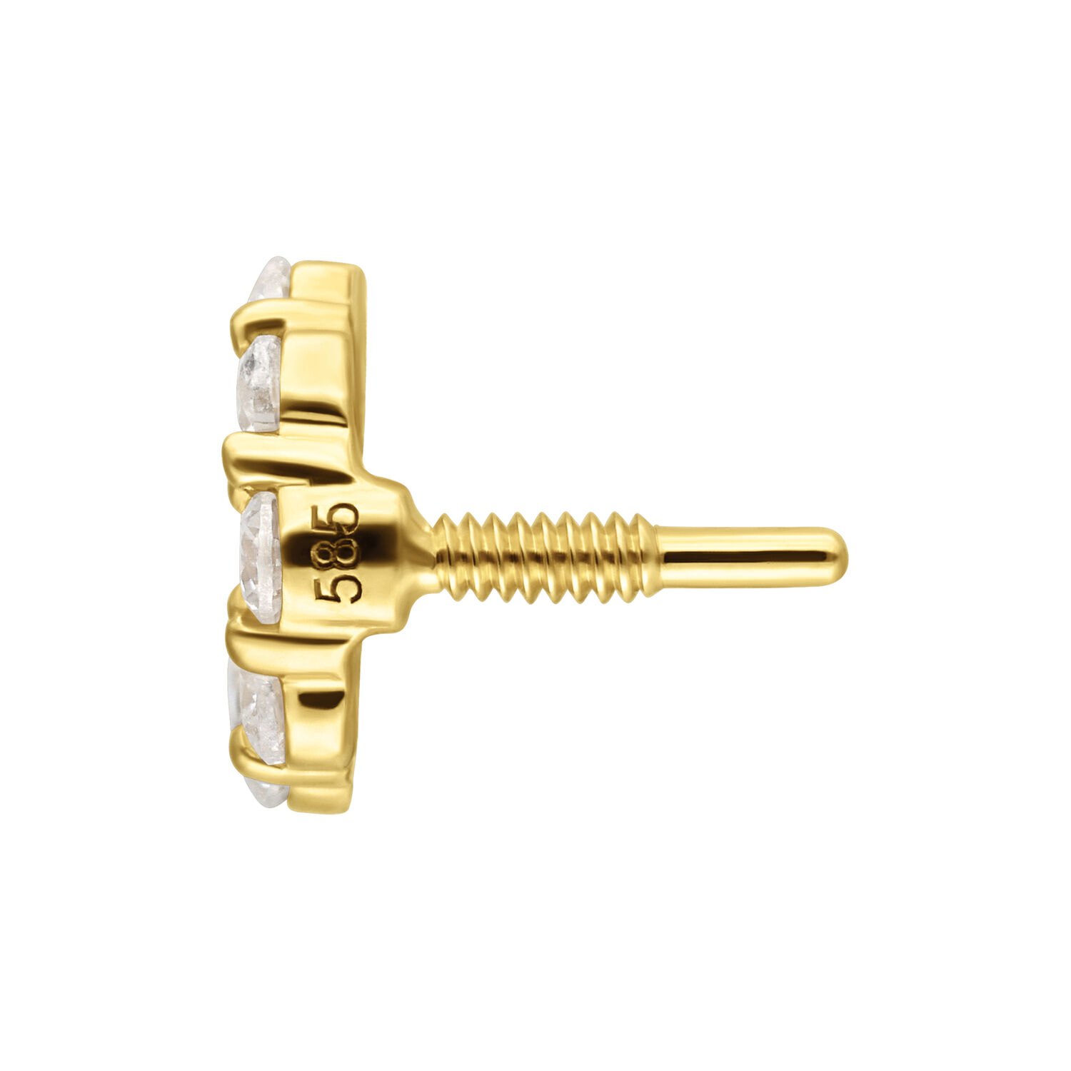 Attacco in Oro 14K con Moissanite e Filettatura Interna Attacco dorato con pietre di moissanite e filettatura interna su sfondo bianco