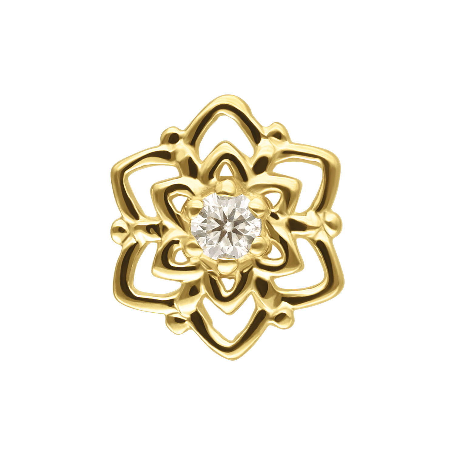 Accessorio in oro a forma di fiore con moissanite su sfondo bianco