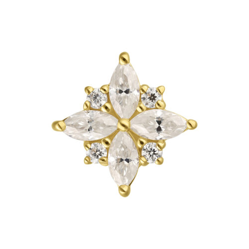 Moissanite dorato a forma di fiore su sfondo bianco