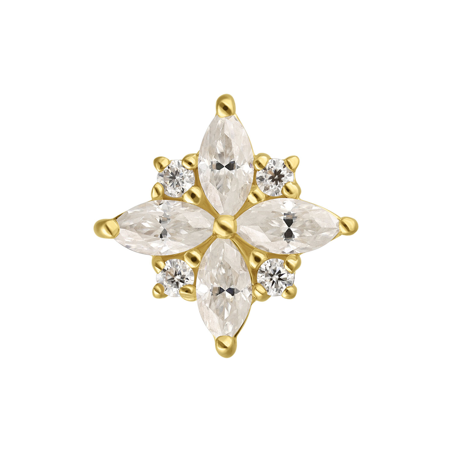 Moissanite dorato a forma di fiore su sfondo bianco