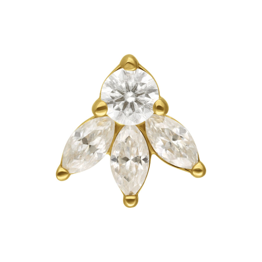 Attacco Lotus dorato con pietre di moissanite su sfondo bianco