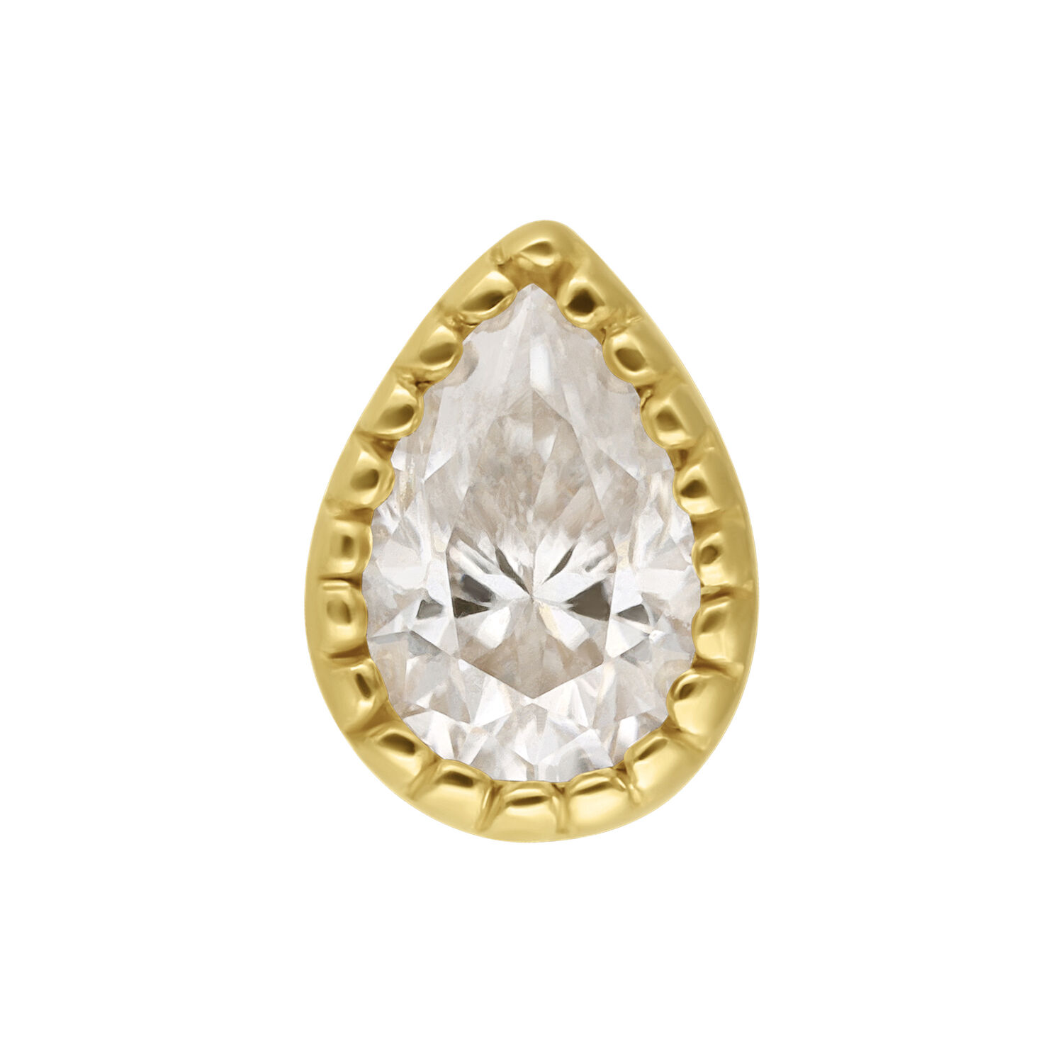 Cristallo di moissanite a forma di goccia incastonato in oro 14K su sfondo bianco