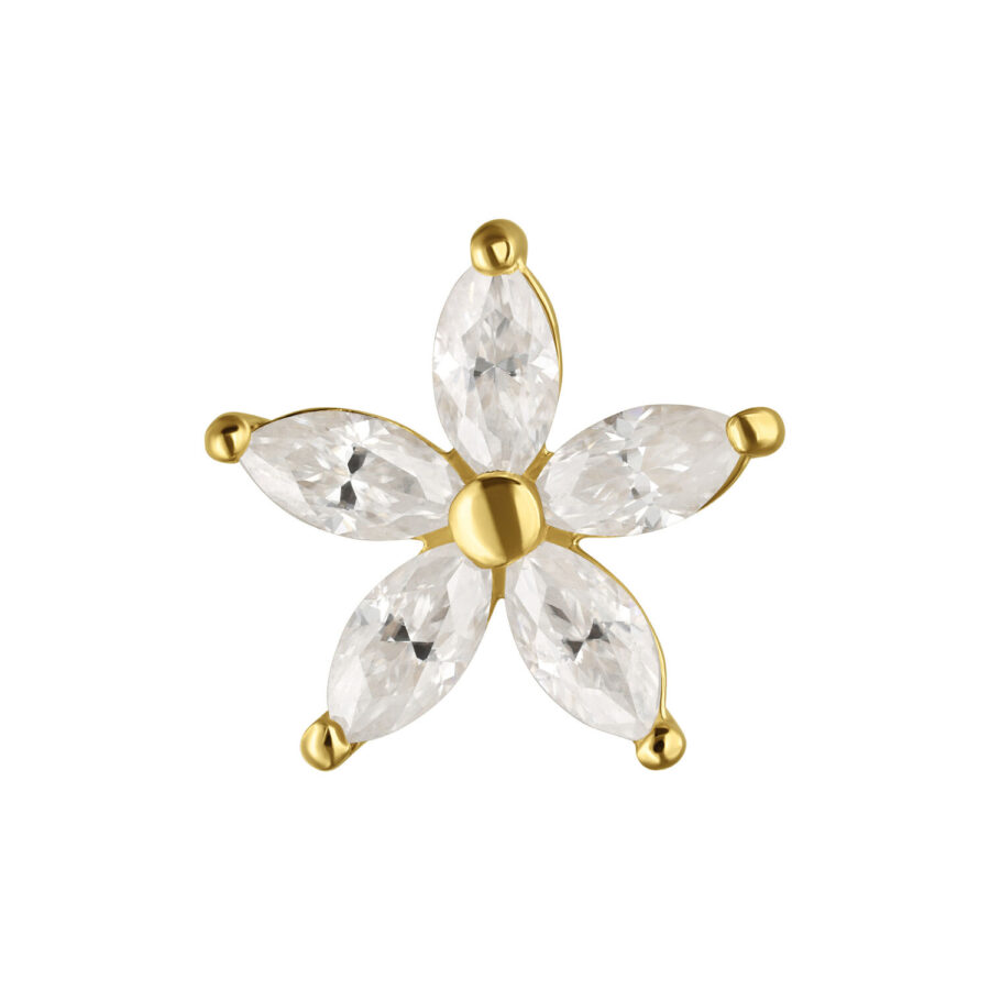 Inserto floreale dorato con pietre di moissanite chiare su sfondo bianco