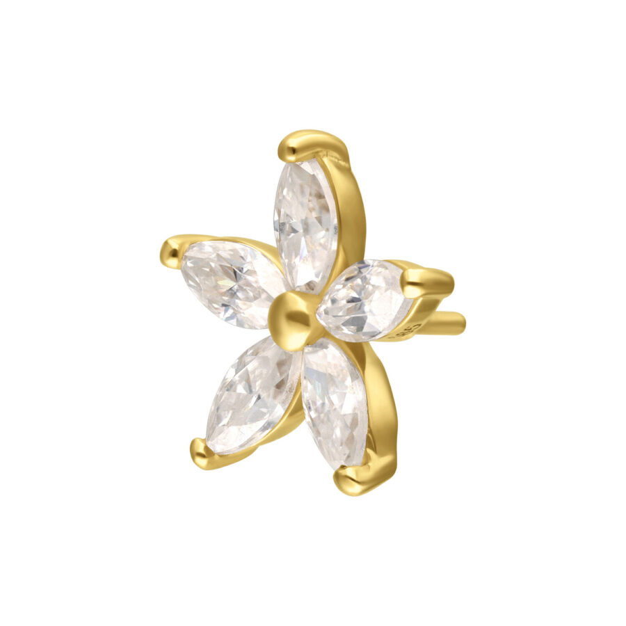 Fiore top dorato con scintillanti pietre di moissanite su sfondo bianco