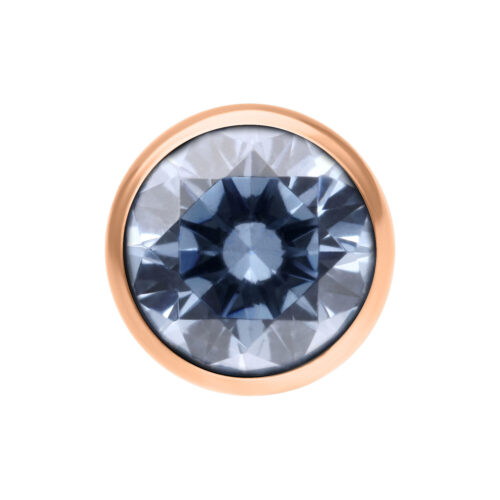 Sfera di cristallo in grigio-blu con bordo in oro rosa su sfondo bianco