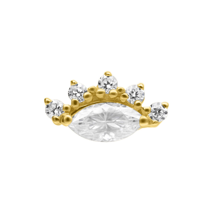 Attacco in oro 14K con pietre di moissanite su sfondo bianco
