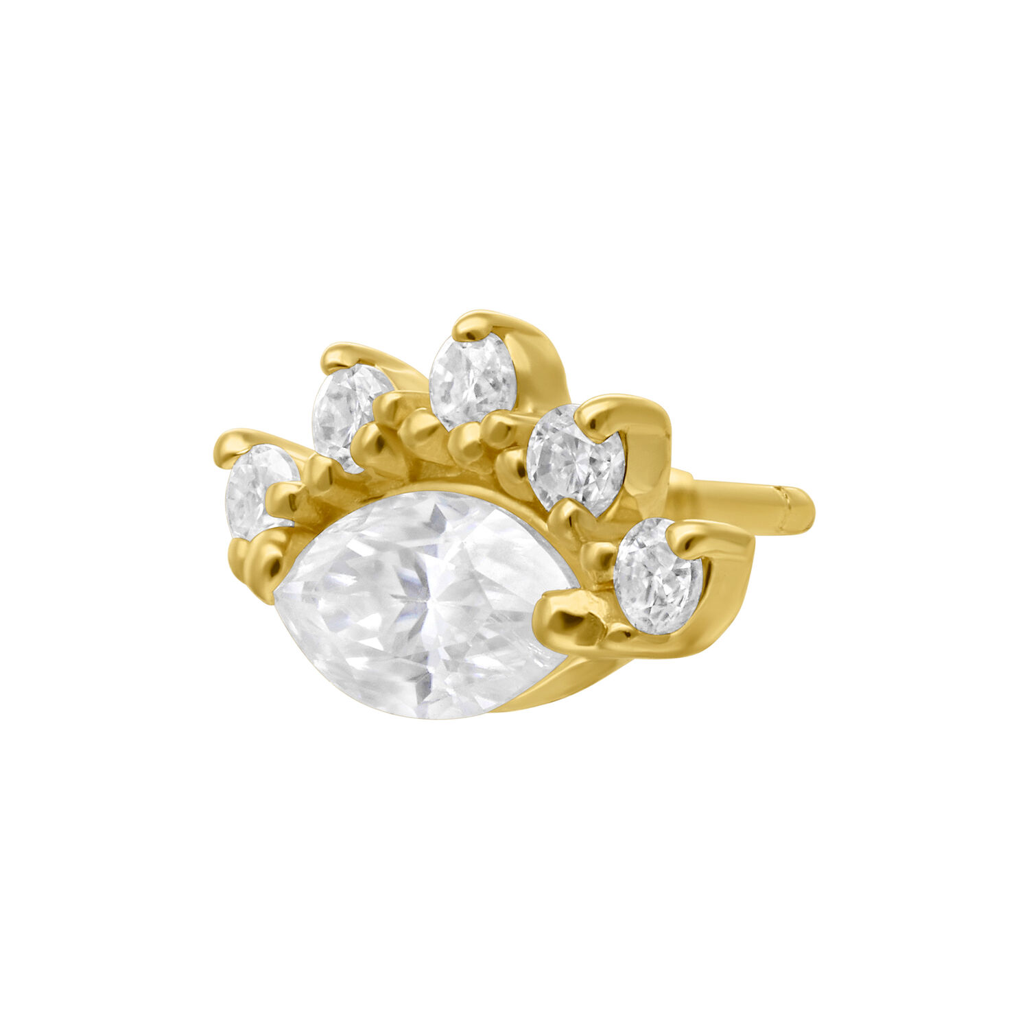 Attacco in oro 14K con pietra Moissanite e cinque pietre più piccole su sfondo bianco