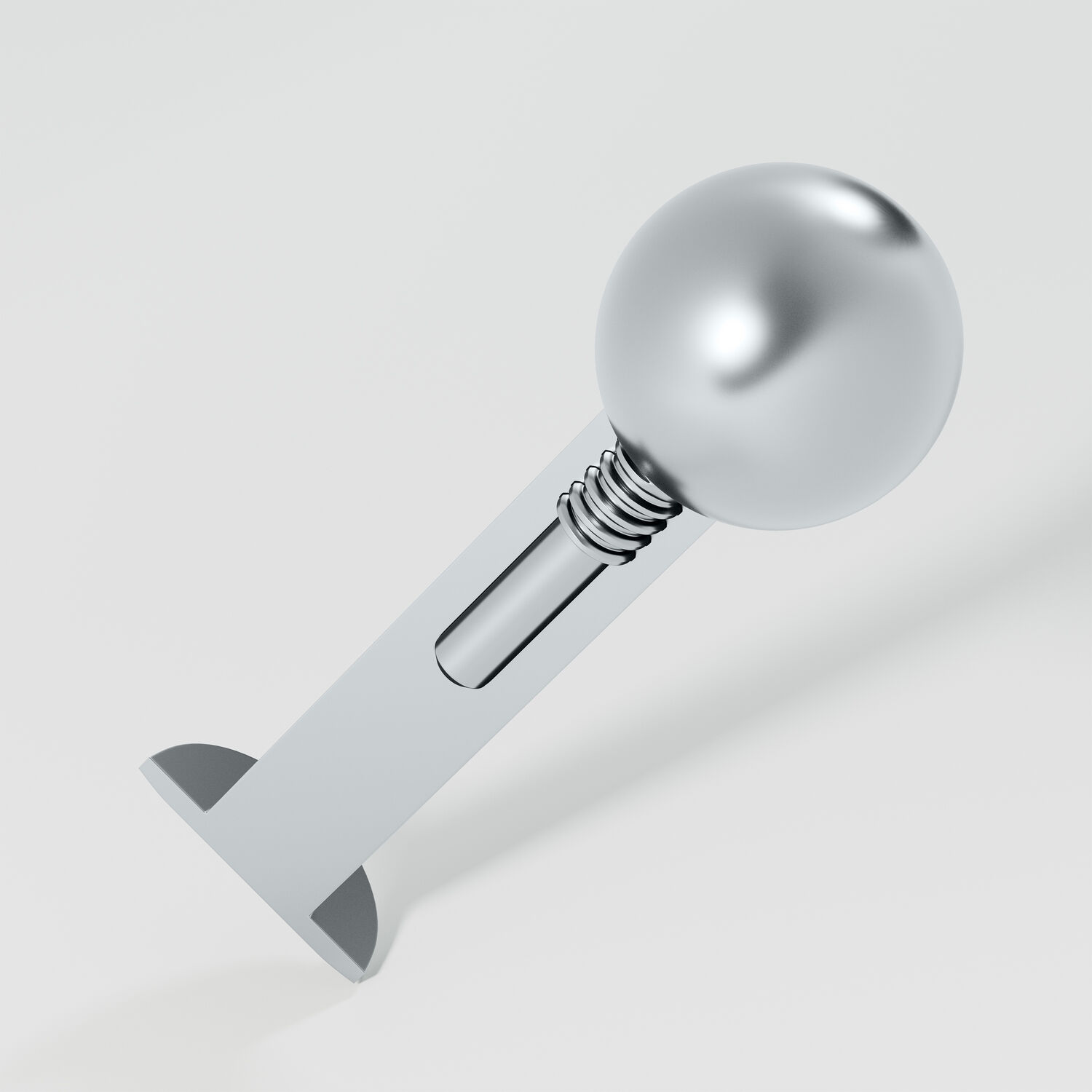 Labret in titanio argento con filettatura interna su sfondo bianco