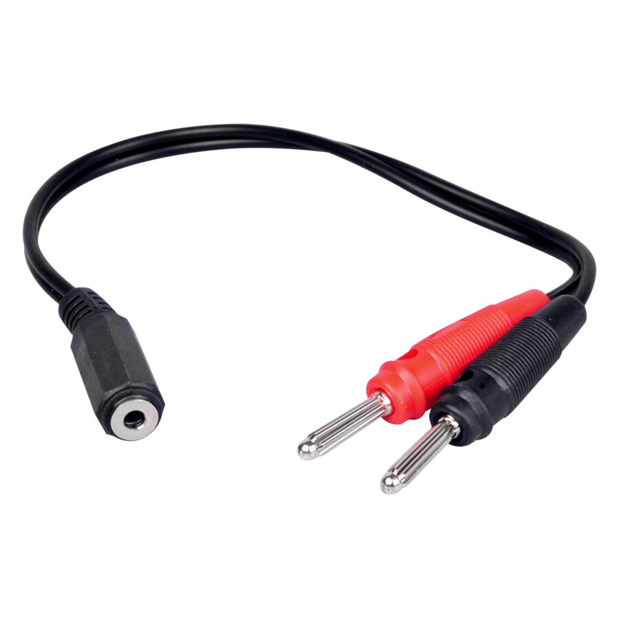 Cavo adattatore nero HAWK con connettori a banana Cavo adattatore nero con presa da 3,5 mm e connettori a banana rossi e neri su sfondo bianco