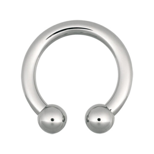 Barbell circolare argento in acciaio chirurgico con spessore di 5mm, diametro interno di 22mm e sfere da 8mm su sfondo bianco