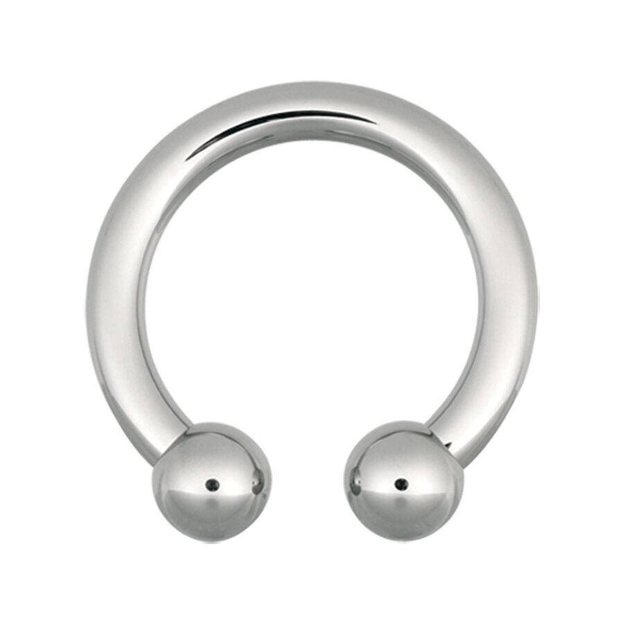 Barbell circolare argento in acciaio chirurgico con spessore di 5mm, diametro interno di 22mm e sfere da 8mm su sfondo bianco