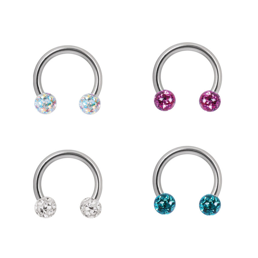 Quattro barbells circolari in titanio con cristalli colorati su sfondo bianco