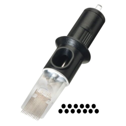 Testina nera Magnum con 13 aghi, spessore 0.35 mm su sfondo bianco