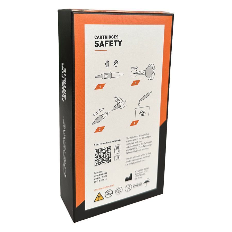 Confezione delle Cheyenne Liner TX Safety Cartridges con 3 aghi, scatola nera con accento arancione e informazioni di sicurezza