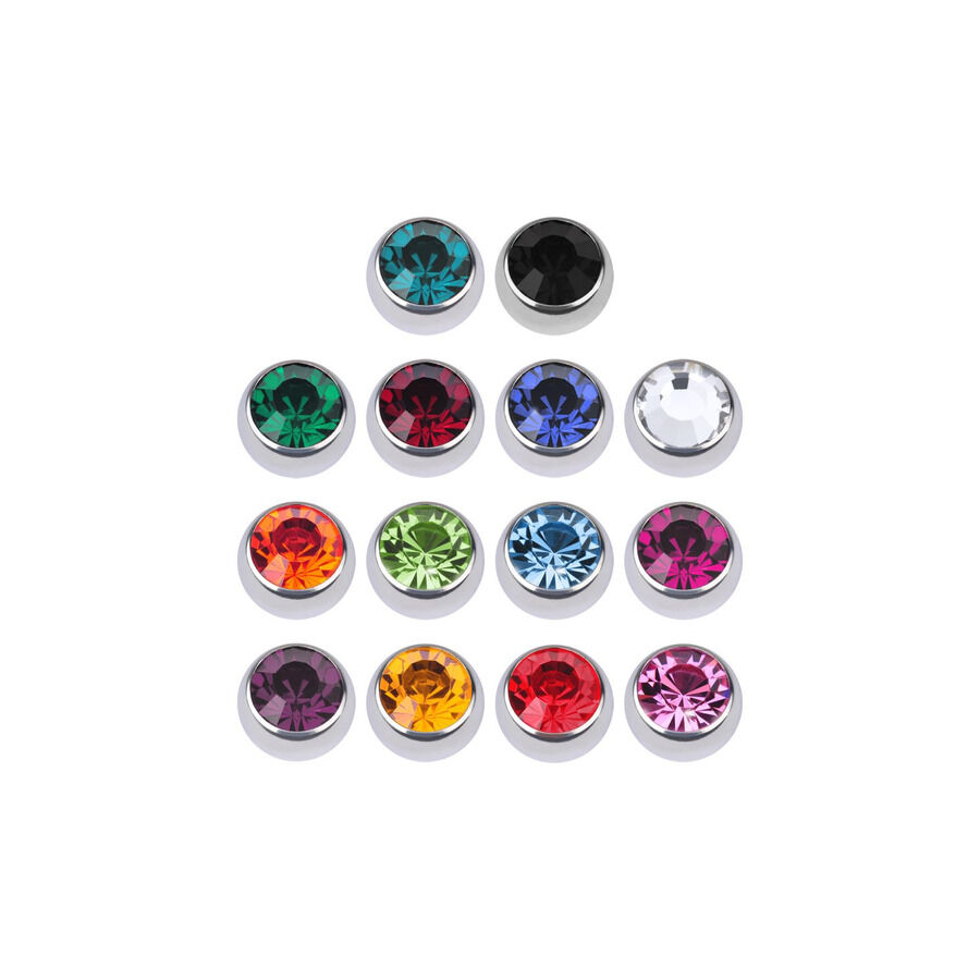 Sfere sfaccettate in argento con cristalli neri, chiari, blu e fucsia su sfondo bianco