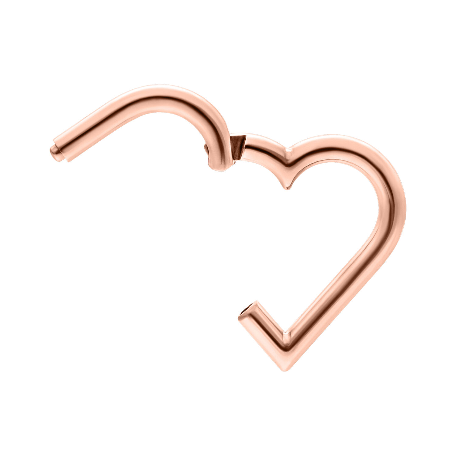 Clicker per piercing a forma di cuore in oro rosa su sfondo bianco