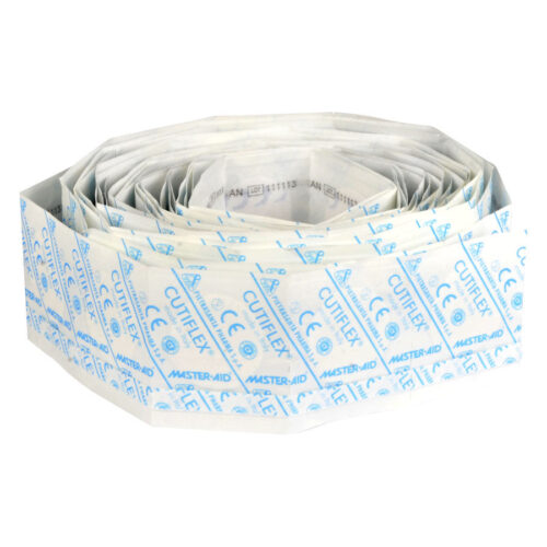 Cerotti rotondi Cutiflex di Master Aid, bianchi con scritta blu su sfondo bianco