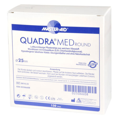 Confezione bianca con dettagli blu per Quadra Med Round Cerotto 25mm