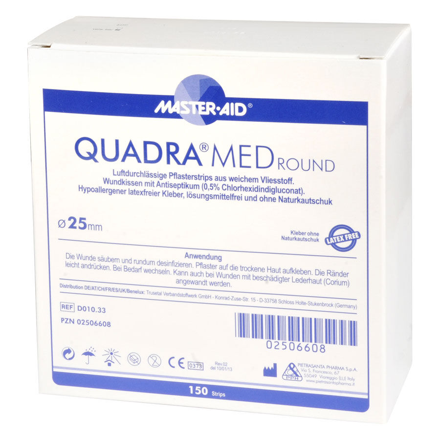 Quadra Med Round Cerotto 25mm Confezione bianca con dettagli blu per Quadra Med Round Cerotto 25mm