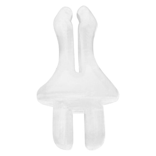 Clip trasparente in bioplastica con spessore di 0,8 mm su sfondo bianco