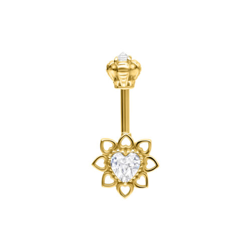 Piercing Barbell dorato con cristallo a forma di cuore in forma di fiore su sfondo bianco