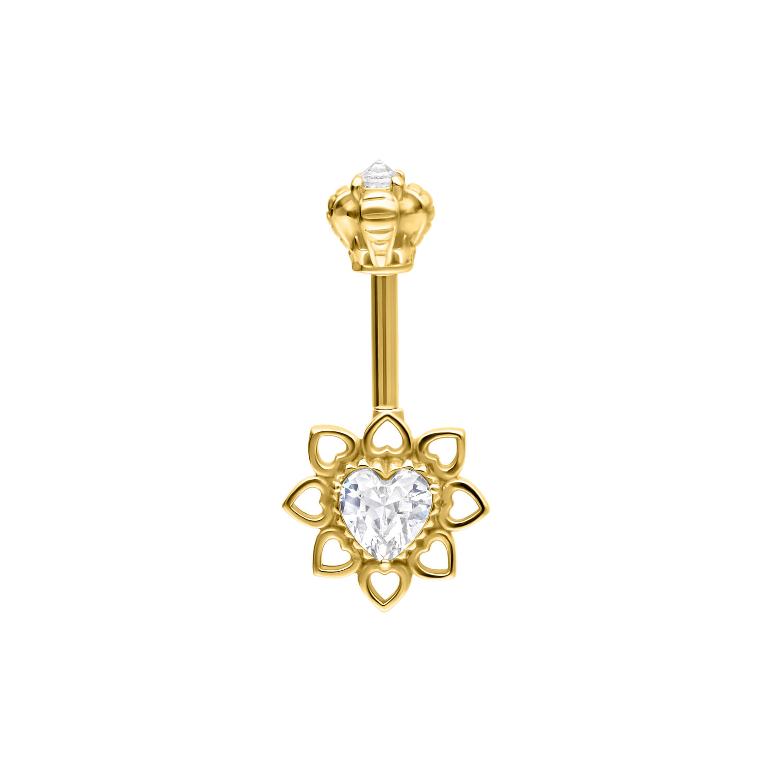 Piercing Barbell dorato con cristallo a forma di cuore in forma di fiore su sfondo bianco