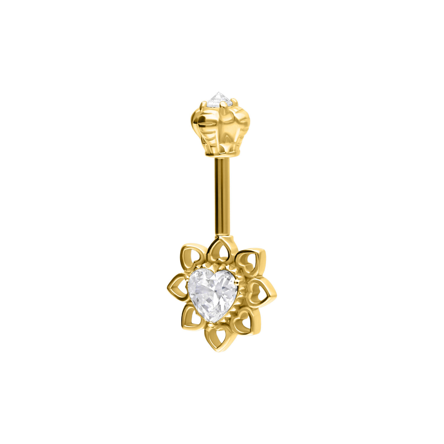 Piercing elicoidale verticale dorato con decorazione floreale cristallina su sfondo bianco
