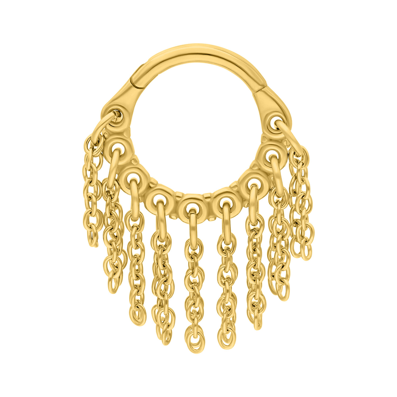 Clicker Piercing dorato con catene pendenti su sfondo bianco