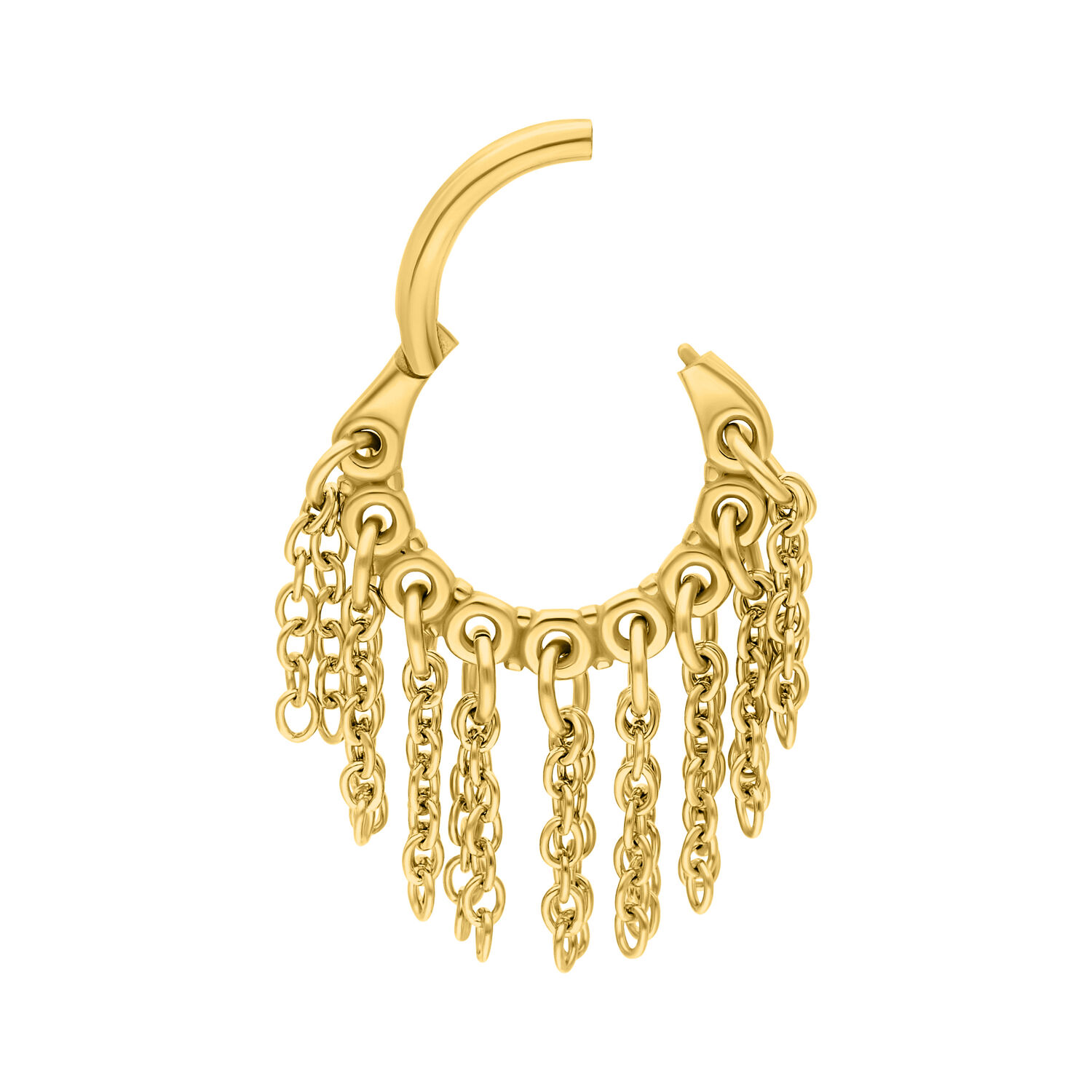 Piercing dorato con pendenti a catena su sfondo bianco