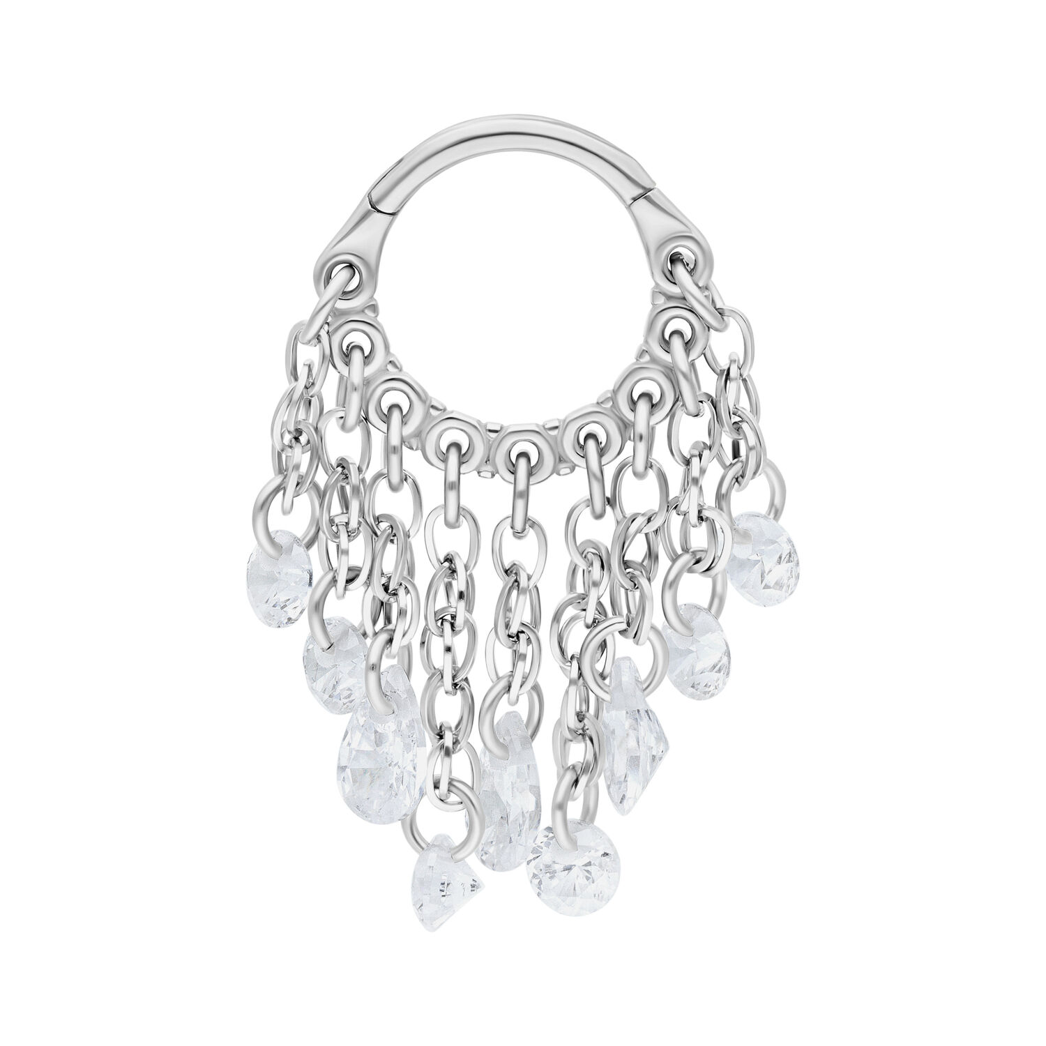 Clicker in argento con cristalli chiari pendenti su sfondo bianco