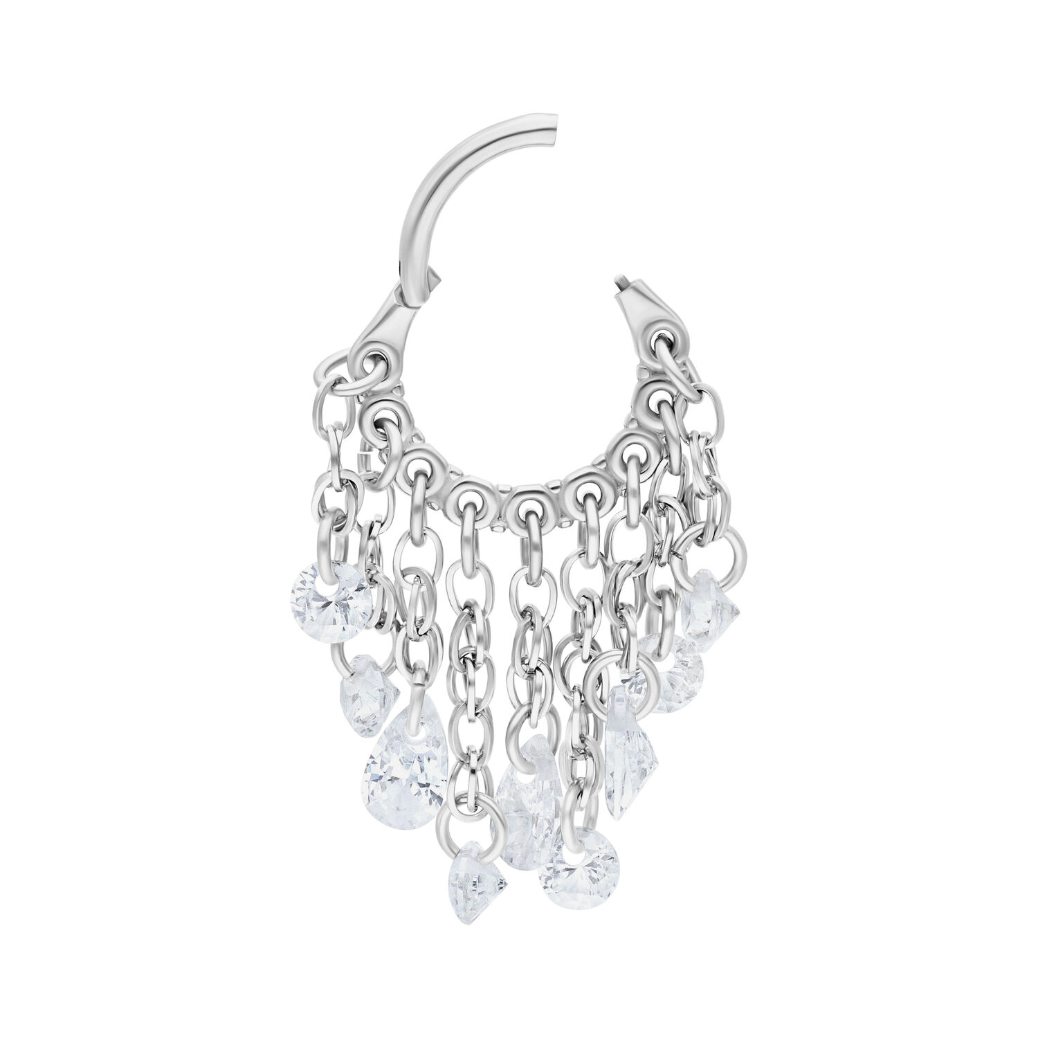 Anello piercing argento con cristalli chiari pendenti su sfondo bianco