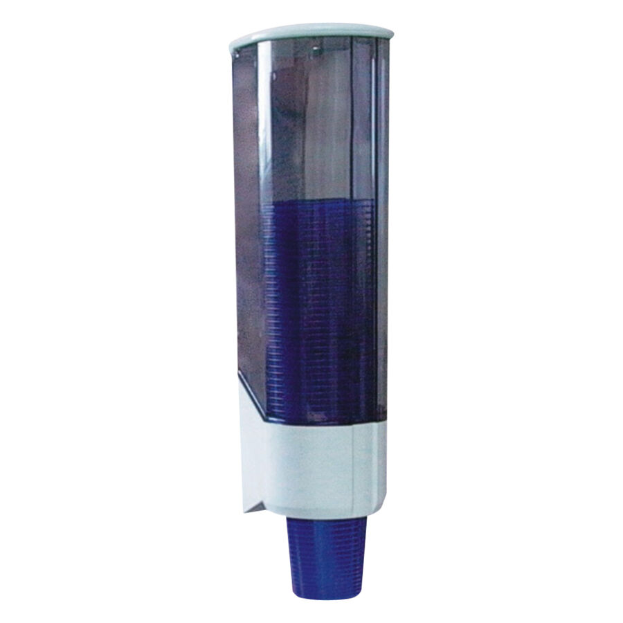 Dispenser trasparente per bicchieri con bicchieri blu su sfondo bianco