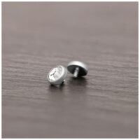 Punta piercing in titanio argento con cristallo chiaro su superficie di legno