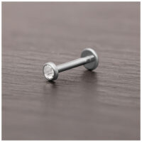 Punta per piercing in titanio argento con cristallo chiaro su superficie di legno scuro
