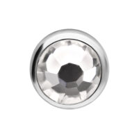 Inserto rotondo in titanio argentato con cristallo chiaro sfaccettato su sfondo bianco