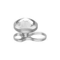 Ancora dermal in titanio argento con cristallo chiaro su sfondo bianco