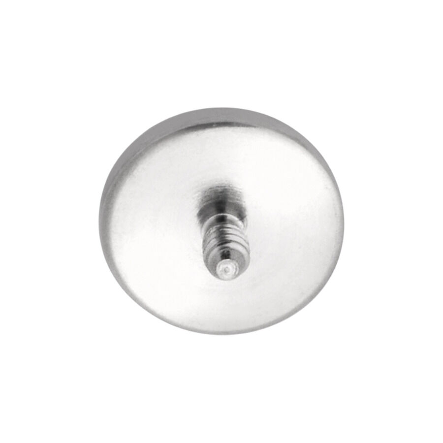 Disco micro in titanio argento per piercing con filettatura esterna su sfondo bianco