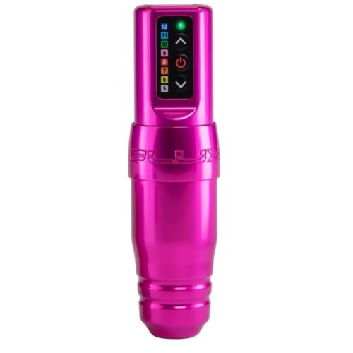 Macchina per tatuaggi rosa FK Irons Microbeau Flux S su sfondo bianco