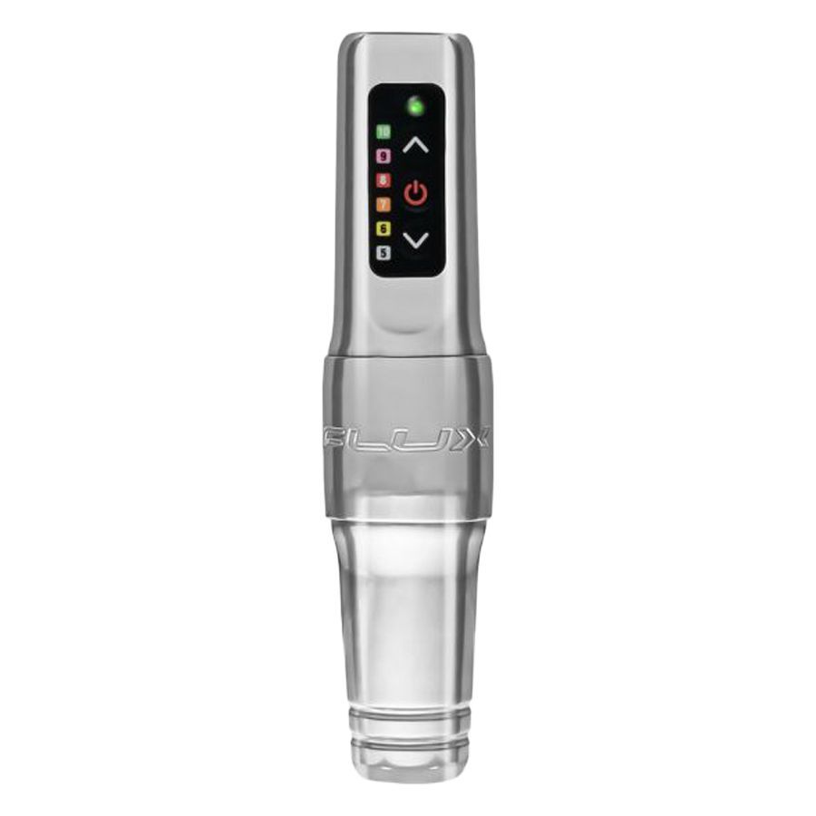 FK Irons Microbeau Flux Mini Argento Macchina per tatuaggi FK Irons Microbeau Flux Mini argento su sfondo bianco