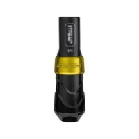 Macchina per tatuaggi FK Irons Max in nero con accenti dorati su sfondo bianco