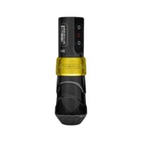 Macchina per tatuaggi FK Irons Max nera e oro su sfondo bianco