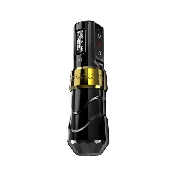 Macchinetta per tatuaggi FK Irons Max nera e oro su sfondo bianco