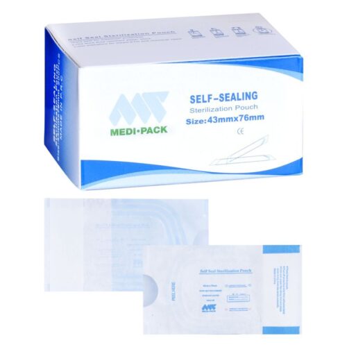 Buste sterilizzazione trasparenti 43x76mm su sfondo bianco