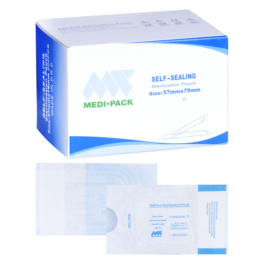 Sacchetto di sterilizzazione trasparente 57x79 mm Sacchetto di sterilizzazione trasparente blu e bianco 57x79 mm su sfondo bianco