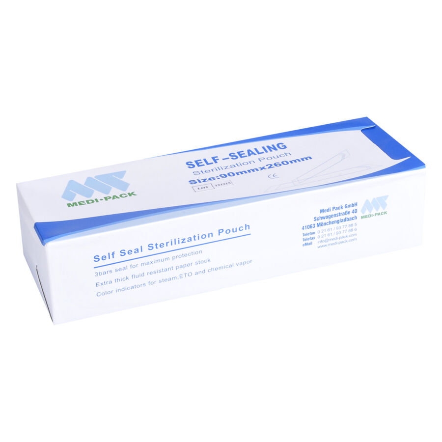 Sacchetti per sterilizzazione trasparenti 90x260 mm Confezione bianca con sacchetti per sterilizzazione trasparenti 90 x 260 mm, marca Wildcat